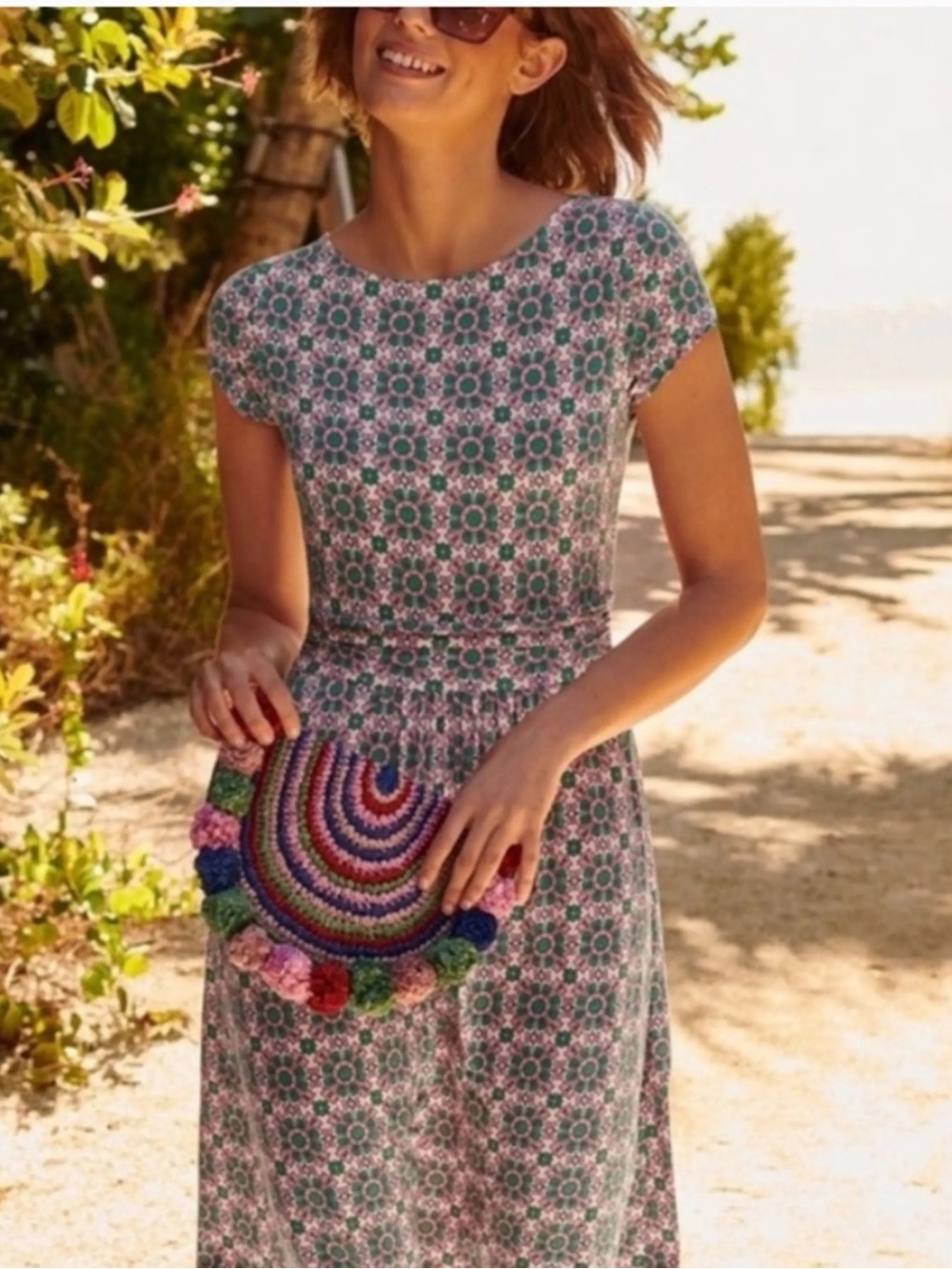 Boden Amelie Jersey Dress Pink Green Retro Flora Tile Midi Length Sz 8 L